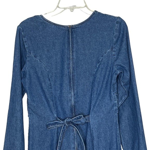Vintage 80s 90s Denim Dress Sz‎ 10 Blue Empire Waist Zip Tie Back 100% Cotton - Picture 5 of 9